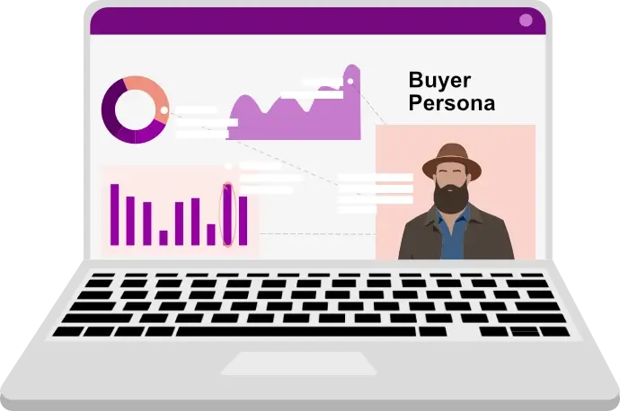 Buyer Persona: Illustration einer Bildschirmdarstellung auf einem Laptop mit einer Buyer Persona-Software. Zu sehen sind Daten-Visualisierungen (Diagramme) und ein Profilbild eines Mannes mit Bart und Hut.