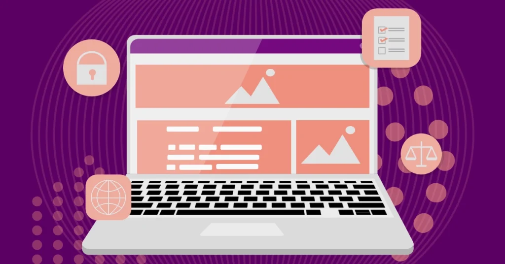 Domain wählen: Illustration eines Laptops mit Webseiten-Layout, flankiert von Symbolen für Sicherheit, globale Erreichbarkeit, Auswahlkriterien und rechtliche Aspekte bei der Domain-Registrierung.