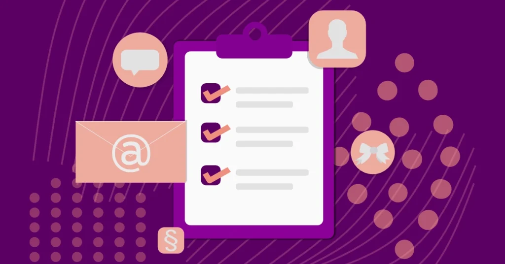 E-Mail-Liste aufbauen: Illustration eines Klemmbrett mit Checkliste für den Prozess, E-Mail-Symbol für die Kommunikation, Nutzerprofil für Abonnenten, Paragraph für rechtliche Aspekte wie DSGVO und Schleife für Lead-Magneten.