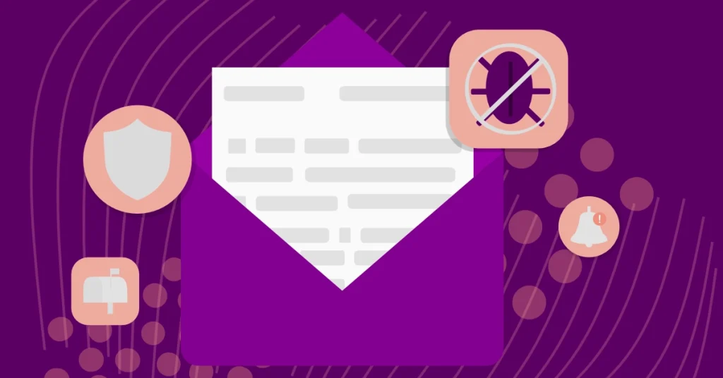 E-Mail-Zustellbarkeit: Illustration eines geöffneten Brief im Umschlag, flankiert von Symbolen für Sicherheit, Spam-Vermeidung, Posteingang und Benachrichtigung.