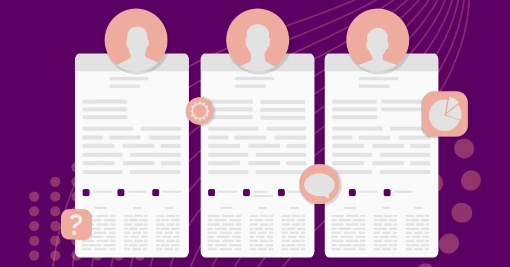 Grundlagen Buyer Persona: Drei Kundenprofile mit Avataren und Text, umgeben von Fragezeichen (Recherche), Zahnrad (Prozess), Sprechblase (Kommunikation) und Tortendiagramm (Datenanalyse).