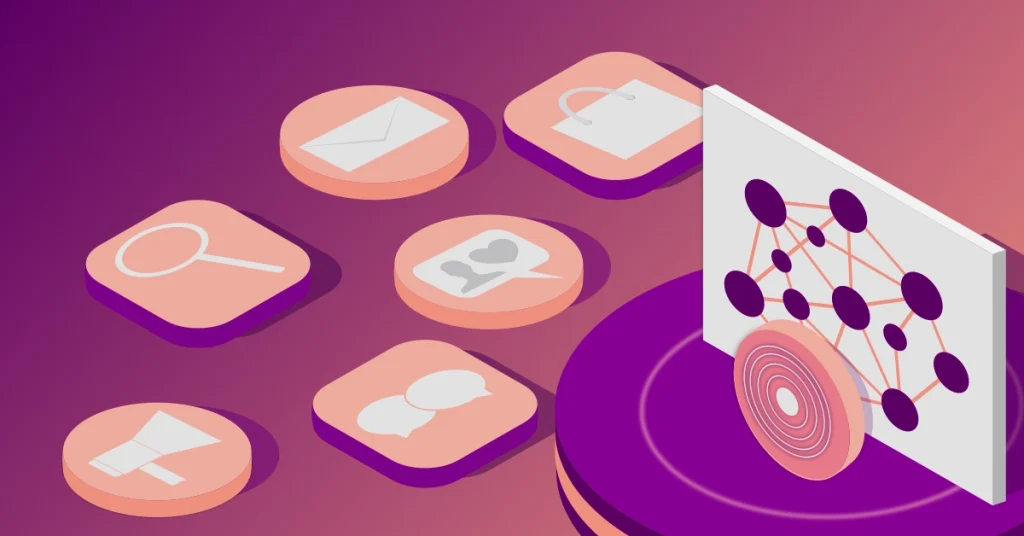Online-Marketing Grundlagen: Illustration eines Bildschirms mit einer vernetzten Punktgrafik und einem Ziel, umgeben von Symbolen für Lupe (SEO/Analyse), Megaphon (Werbung), Umschlag (E-Mail-Marketing), Einkaufstasche (E-Commerce), Herz in Sprechblase (Social Media/Engagement) und zwei Sprechblasen (Kommunikation).