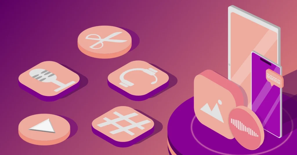 Social-Media-Marketing: Illustration mobile Geräte für die Distribution, ergänzt durch Symbole für das Erstellen und Teilen verschiedener Content-Formate wie Video, Audio, Bilder und Text.