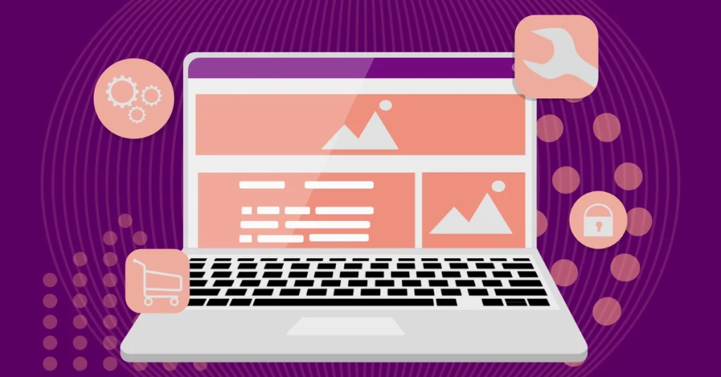 Webseite technische Planung: Illustration eines Laptops mit Webseiten-Vorschau, flankiert von Symbolen für Technik, Wartung, E-Commerce und Sicherheit.