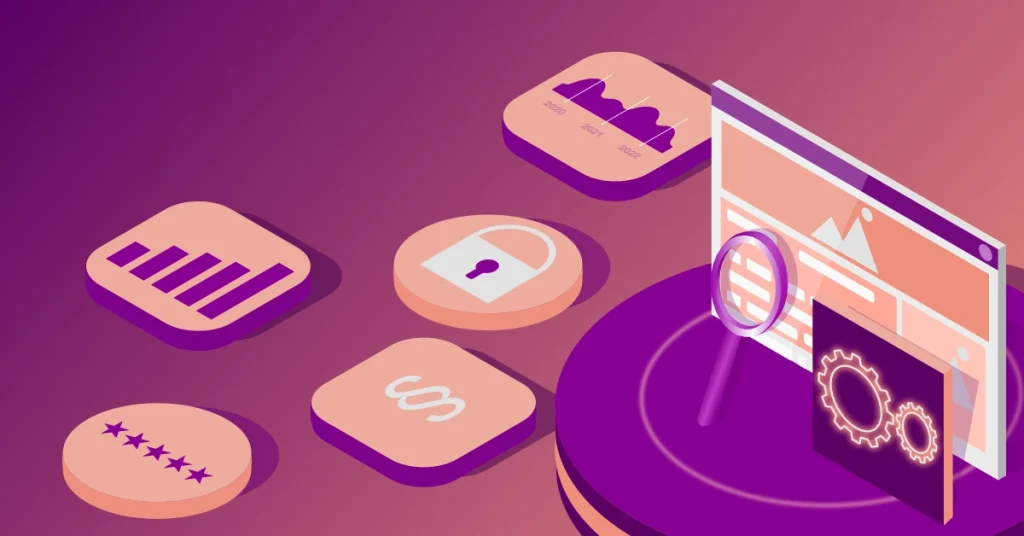Webseiten erstellen für Anfänger: Illustration eines Bildschirms mit Design-Layout und Symbole für Performance, Sicherheit, Rechtliches.