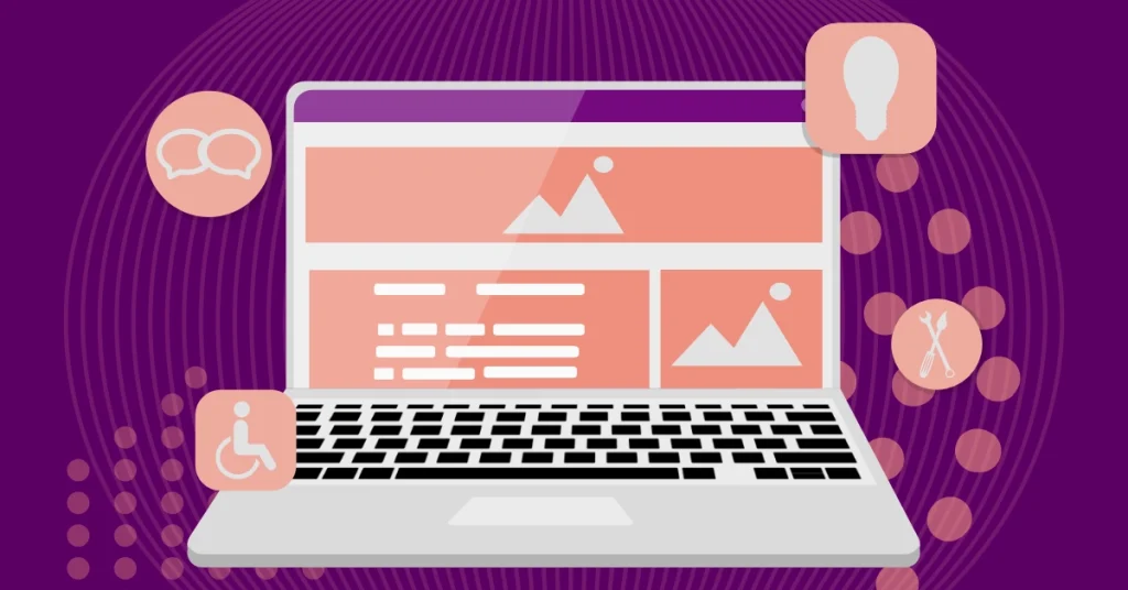 Webseitengestaltung: Illustration eines Laptops mit Webseite-Layout, flankiert von Symbolen für UX, Barrierefreiheit, Ideen und Entwicklungswerkzeuge.