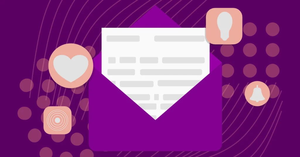 Willkommens-E-Mails: Illustration einer geöffneten E-Mail mit Symbolen für Kundenbindung und Kommunikation, im Kontext von E-Mail-Marketing und Kundengewinnung.