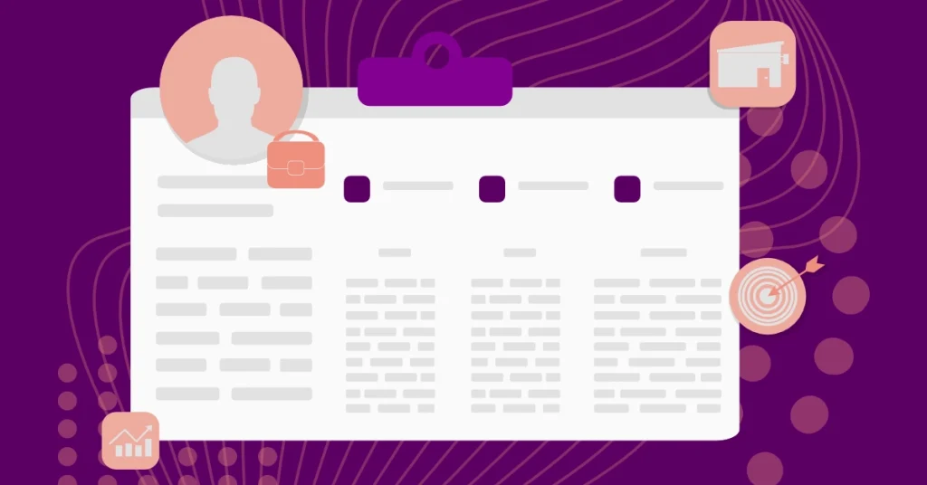Zielgruppenanalyse B2B-Marketing: Illustration eines Dokuments mit Profil-Symbol, Aktentasche, Gebäude, Diagramm und Zielscheibe.